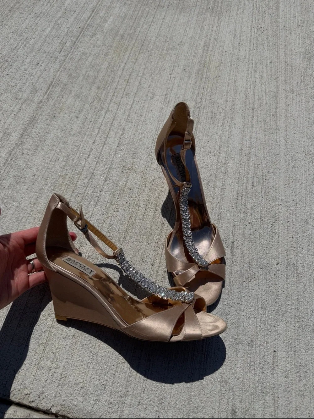 Badgley Mischka Rose Gold Satin T-Strap Crystal Embellished Heels